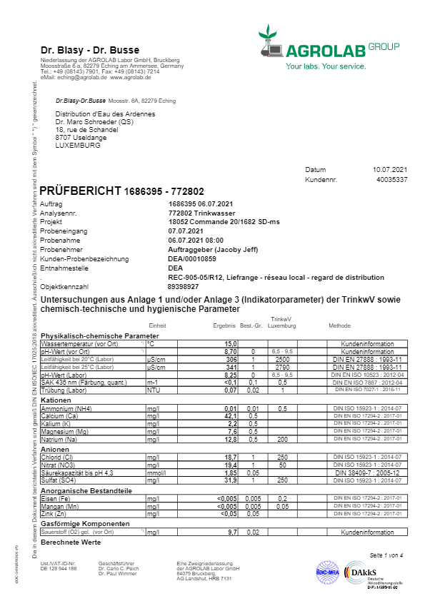 Analyse d'eau potable - 06.07.2021 Liefrange