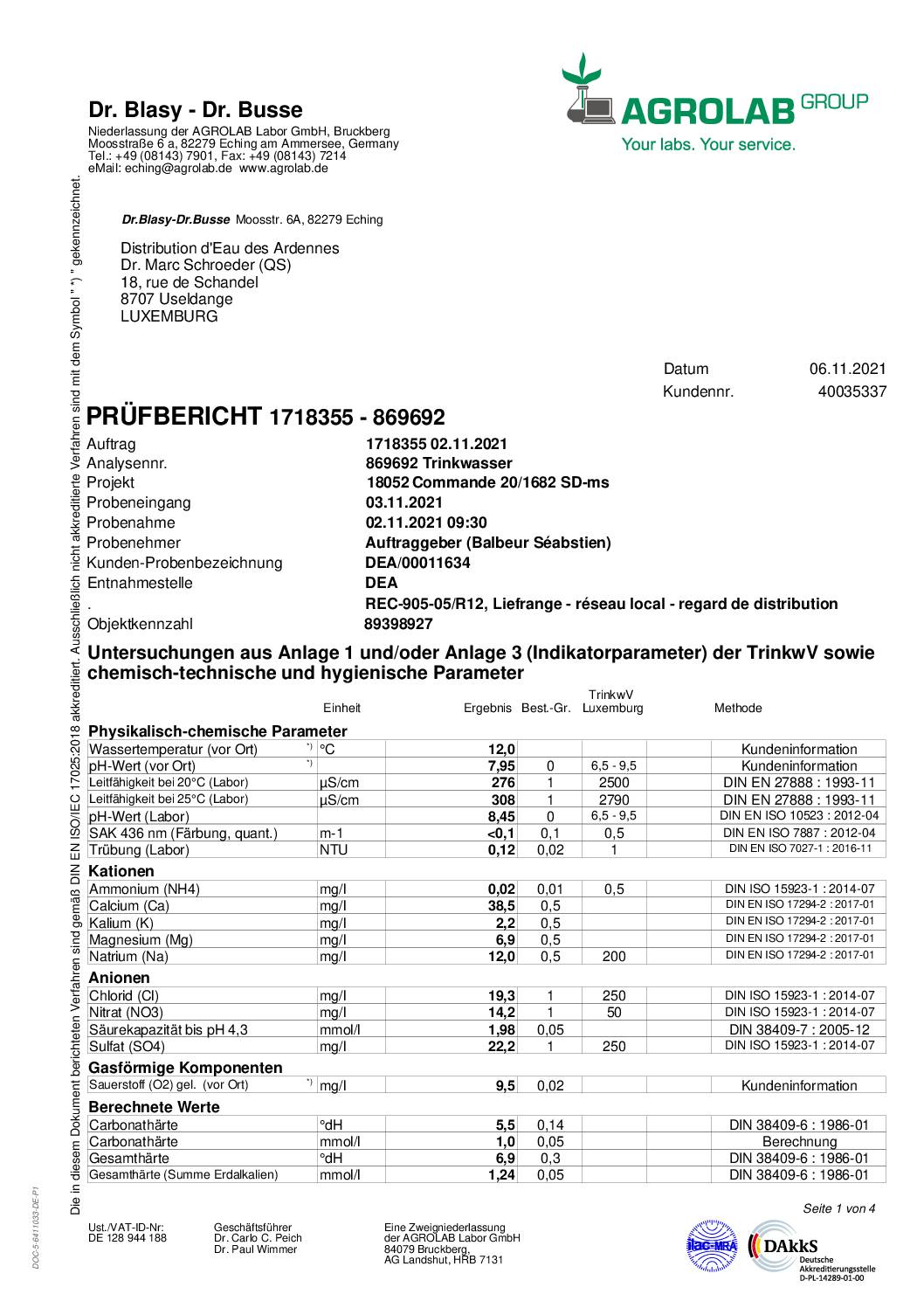 Analyse d'eau potable Liefrange 02.11.2021