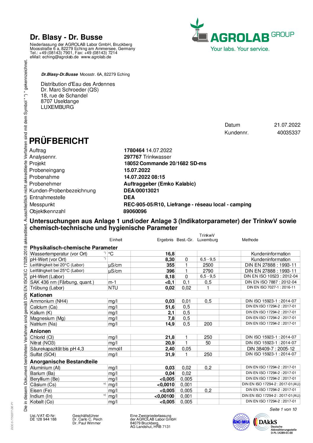 Analyse d'eau potable Liefrange 14.07.2022
