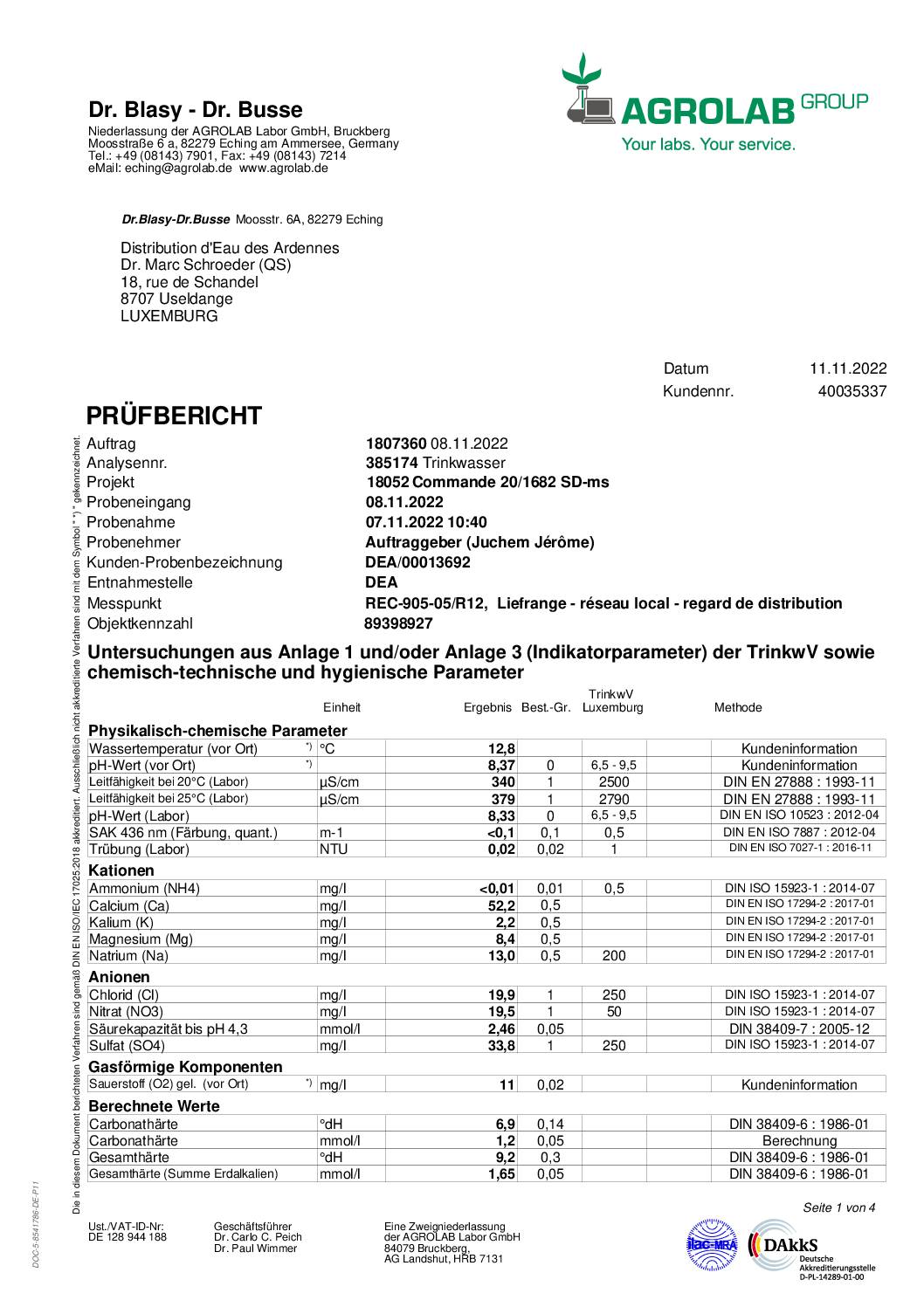 Analyse d’eau potable Liefrange 07.11.2022