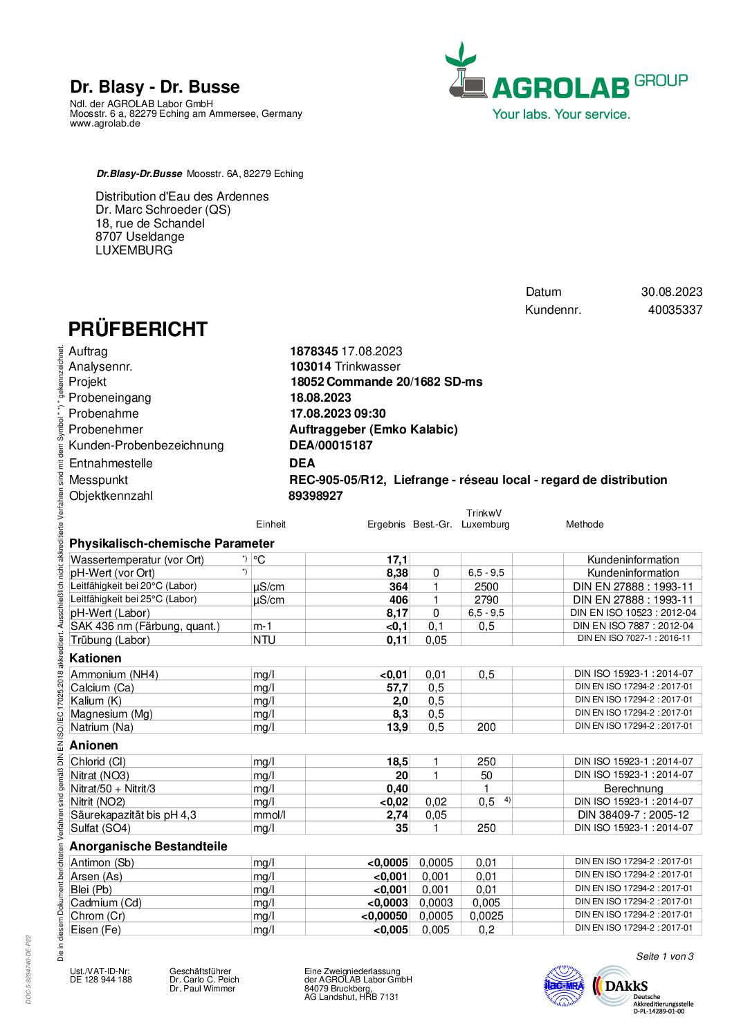 Analyse d'eau potable Liefrange 17.08.23