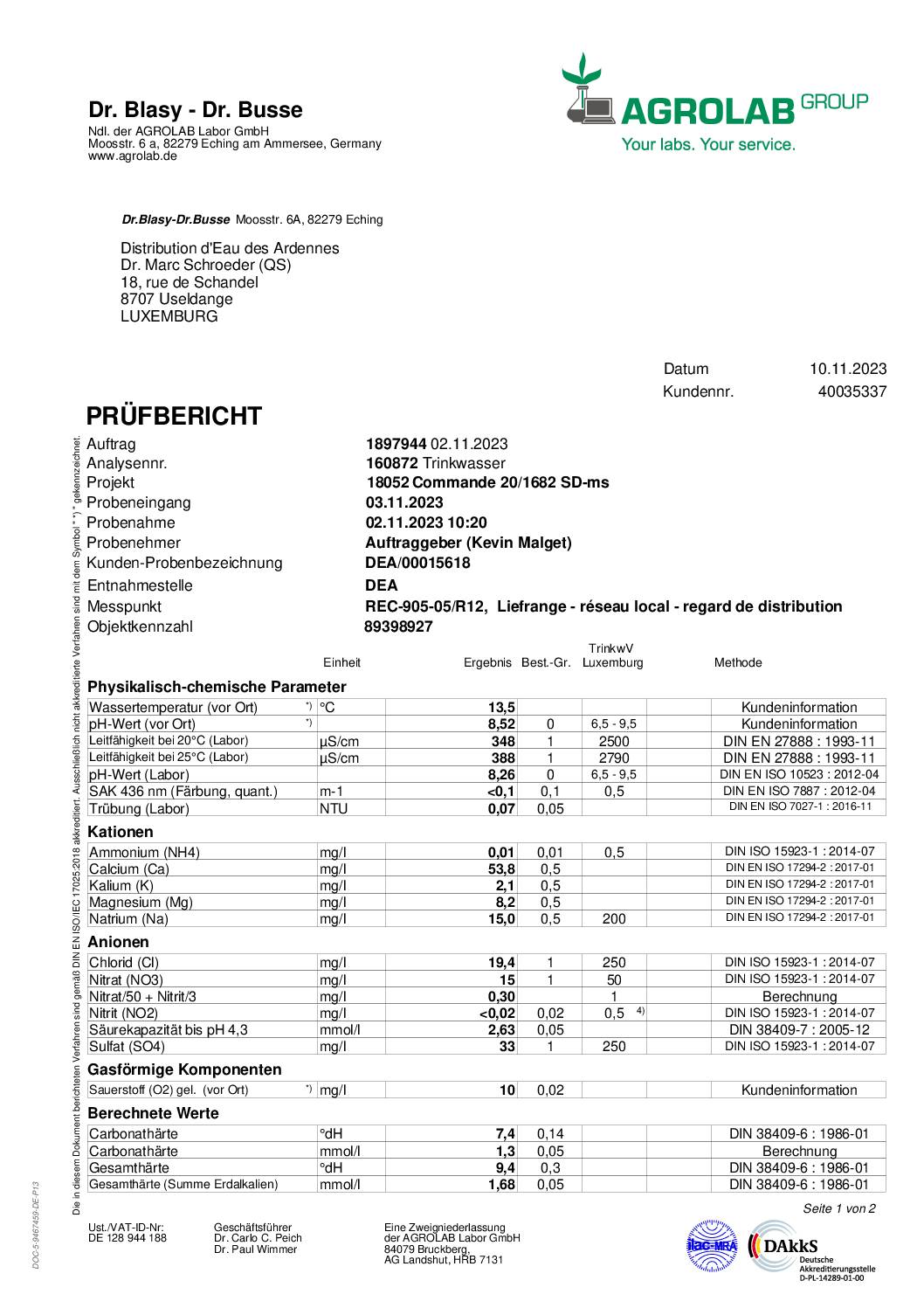 Analyse d'eau potable Liefrange 02.11.2023