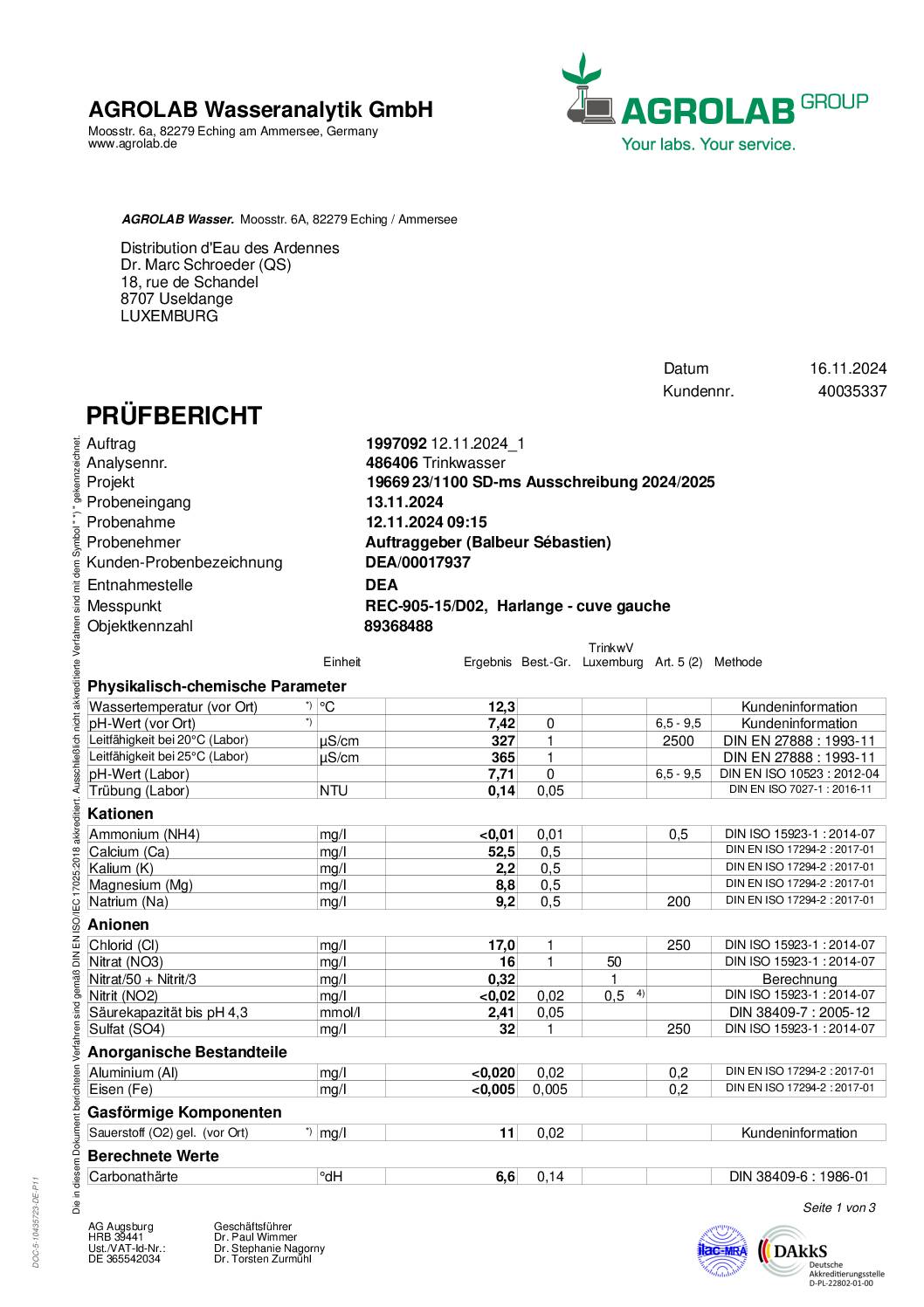 Analyse d'eau potable Harlange 12.11.24