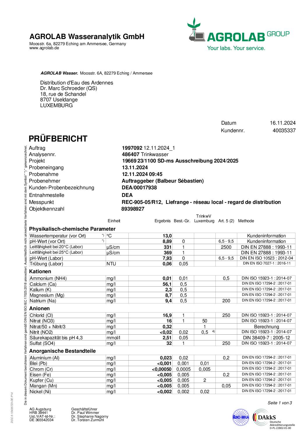 Analyse d'eau potable Liefrange 12.11.24