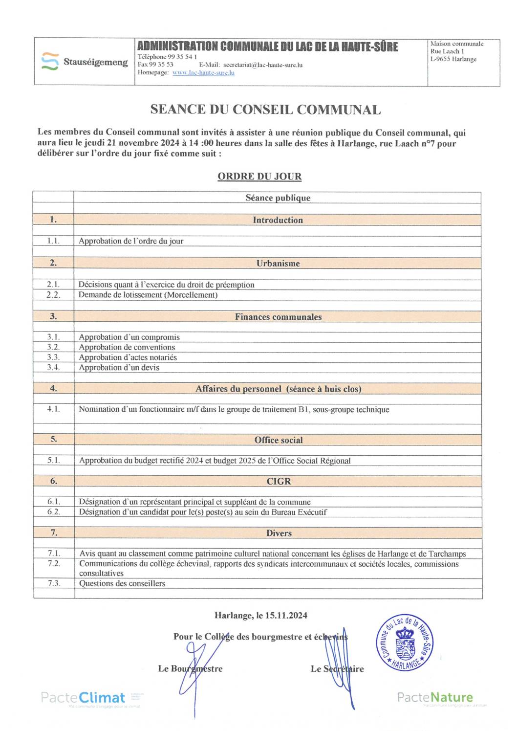 Conseil communal 21.11.24: ordre du jour