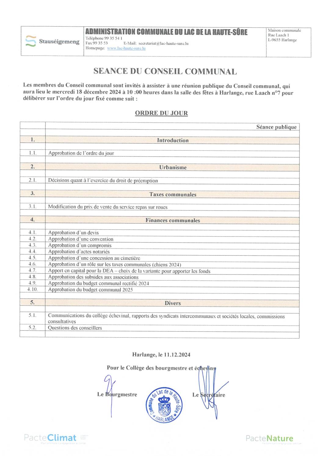 Conseil communal 18.12.24: ordre du jour