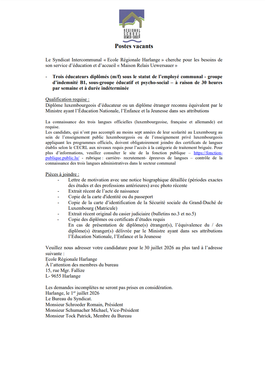 Annonce postes vacants Maison Relais 07.2026