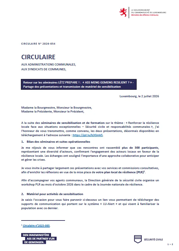 Circulaire - Retour sur les séminaires LËTZ PREPARE ! : « ASS MENG GEMENG RESILIENT ? »