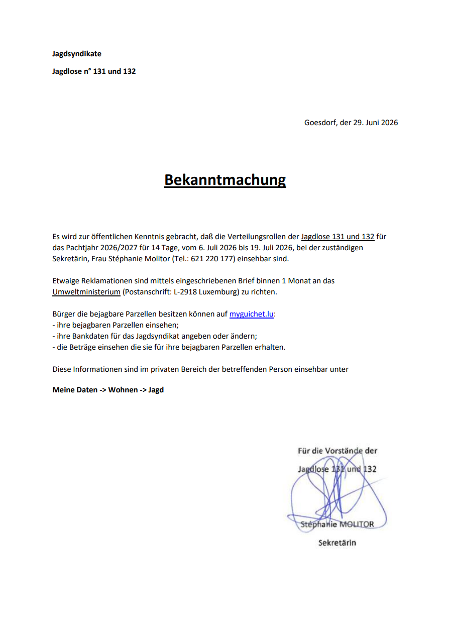 Bekanntmachung - Jagdlose n°131 und 132