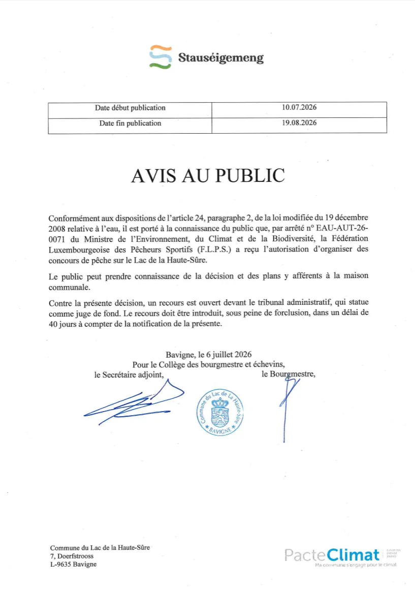 Avis au public - Concours de pêche demande et autorisation