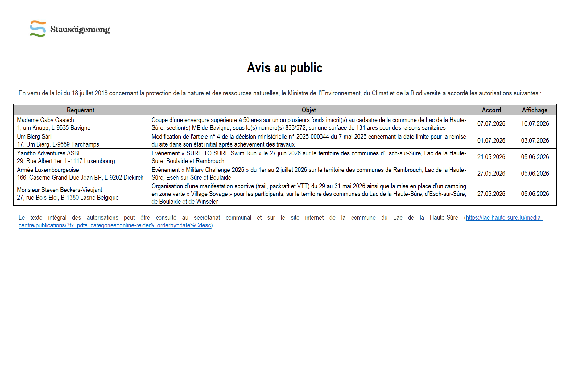 Avis au public - autorisations environnement 2026.07.10