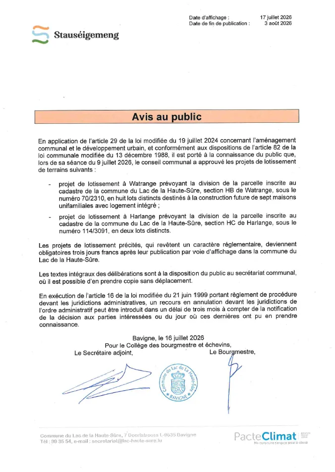 Avis public - morcellement - 09.07.2026