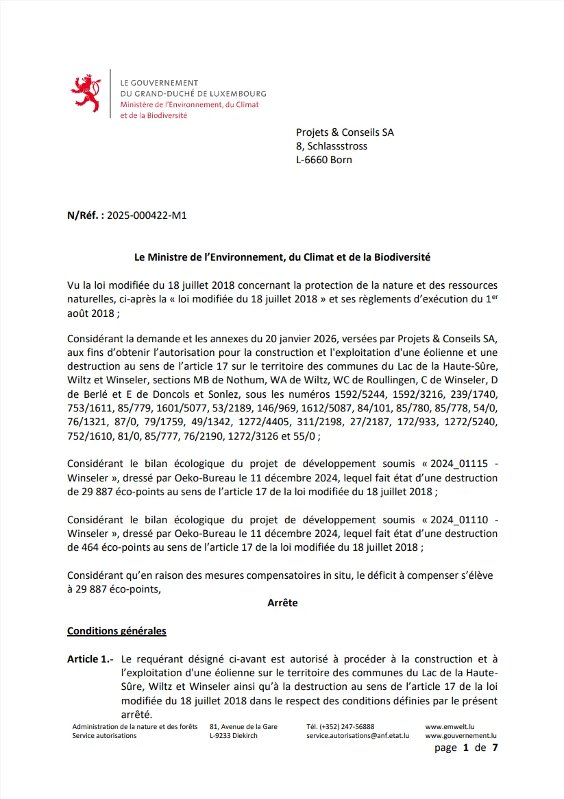 Arrêté – Le Ministre de l’Environnement, du Climat et de la Biodiversité – décision ministérielle n°2025-000422-M1