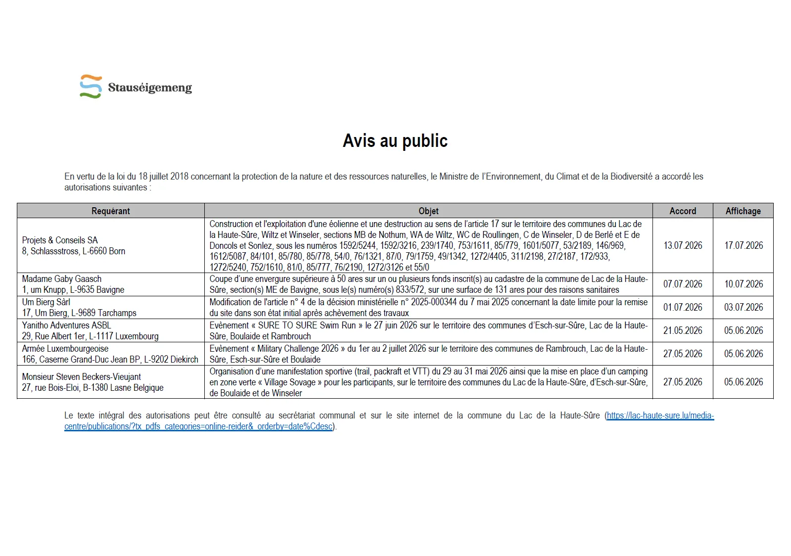 Avis au public - autorisations environnement 2026.07.13