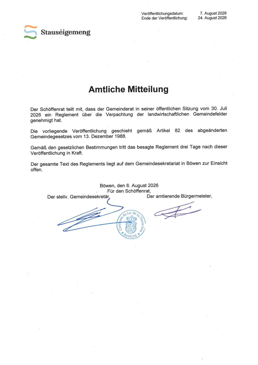 Amtliche Mitteilung - Verpachtung derlandwirtschaftliche Gemeindefelder