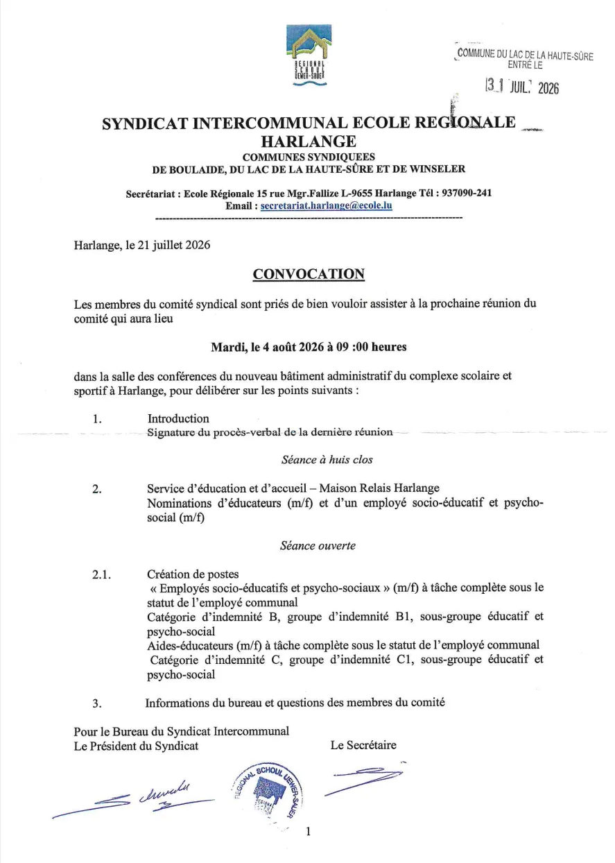 Convocation_Comité Ecole régionale Harlange_04.08.2026