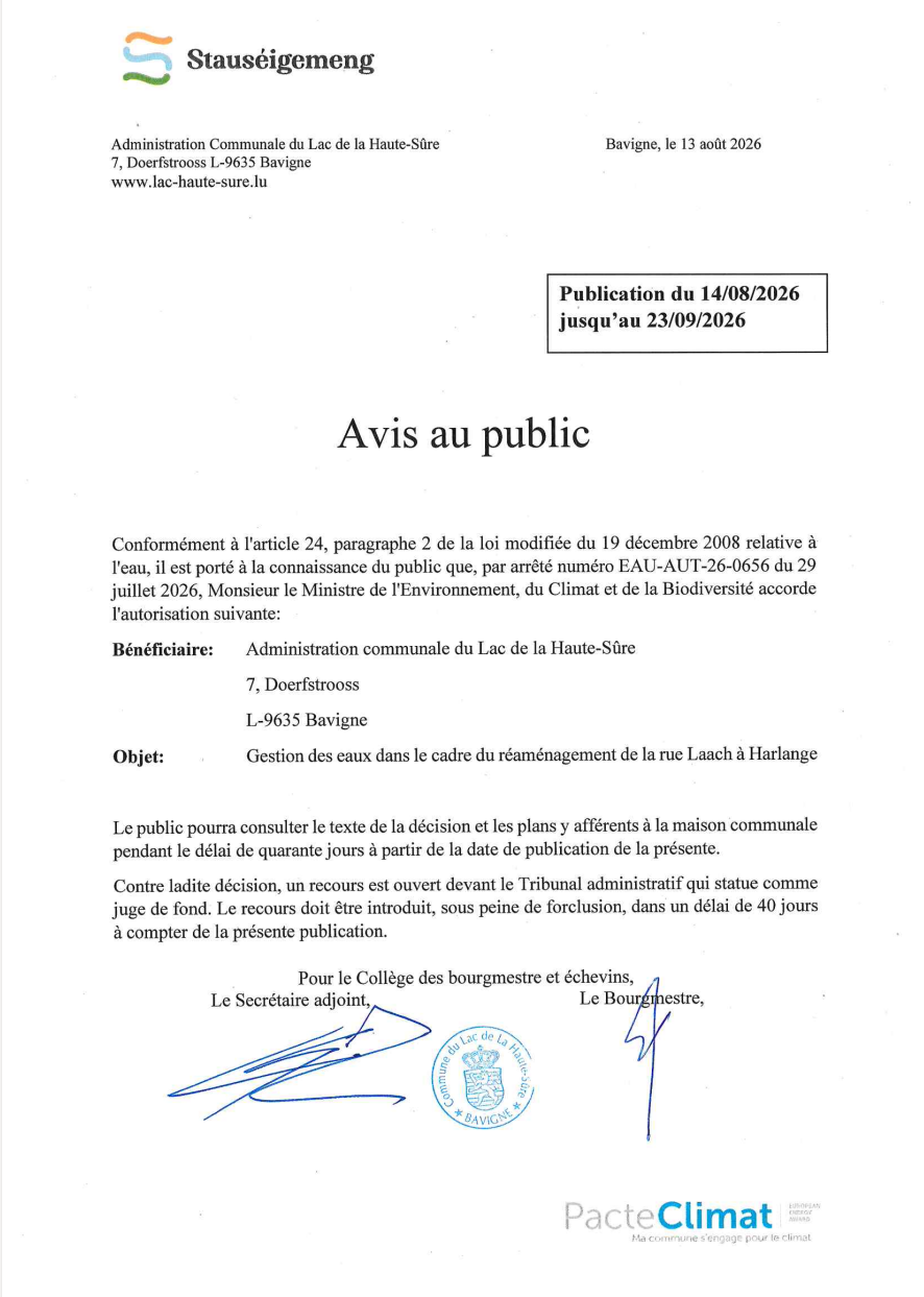 Avis au public - Gestion des eaux dans le cadre du réaménagement de la rue Laach à Harlange (affiché le 14082026)