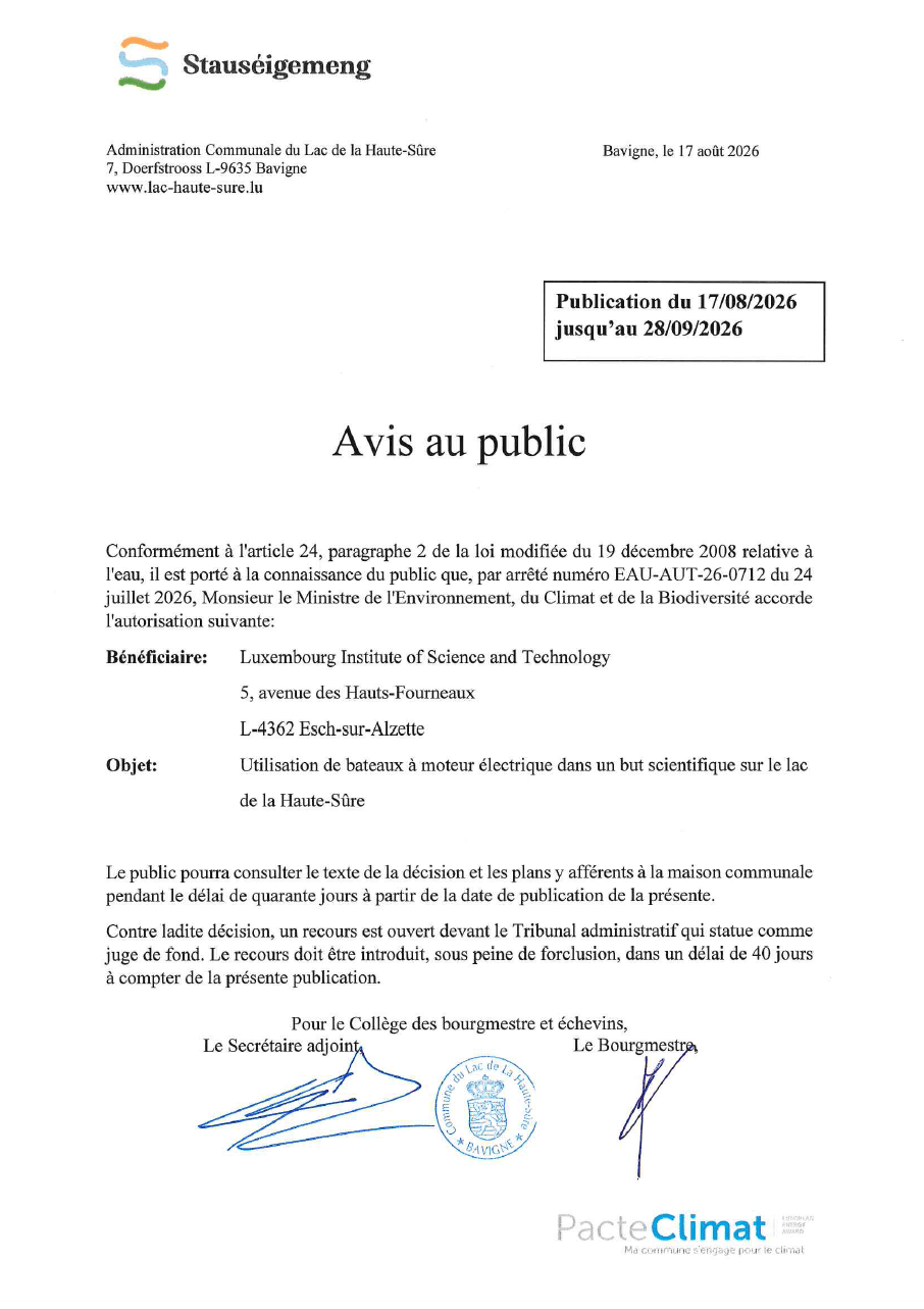 Avis au public - Utilisation de bateaux à moteur électrique dans un but scientifique sur le lac