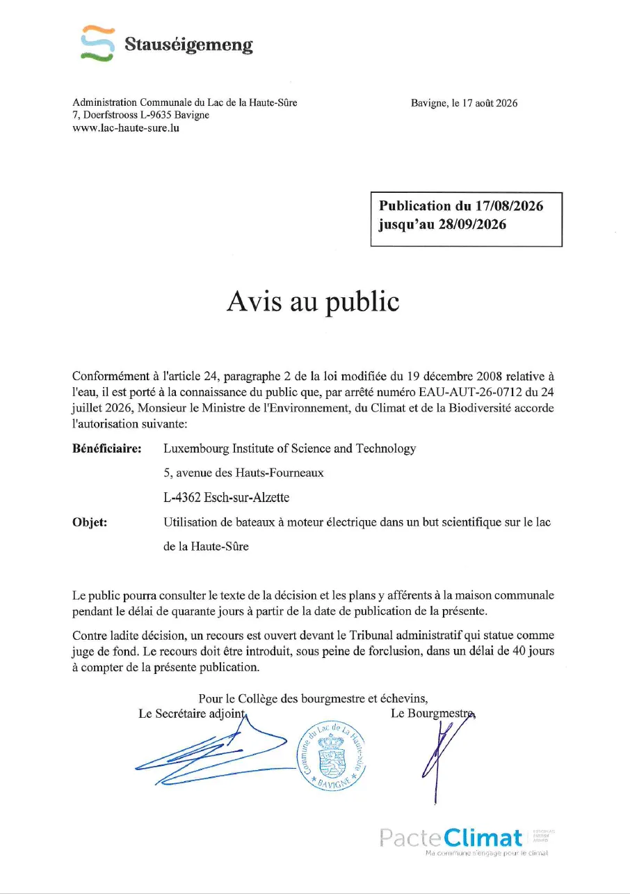 Avis au public - Utilisation de bateaux à moteur électrique dans un but scientifique sur le lac
