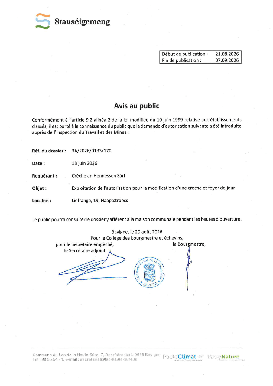 Avis au public – dossier 3A 2026 0133170 Modification d’une crèche et foyer de jour