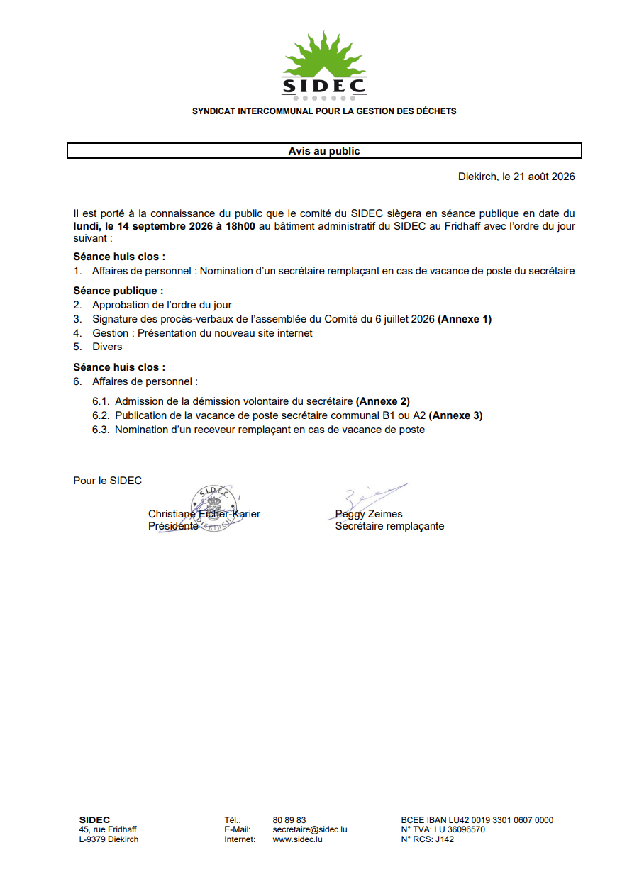 Avis au public - Convocation SIDEC 14.09.2026