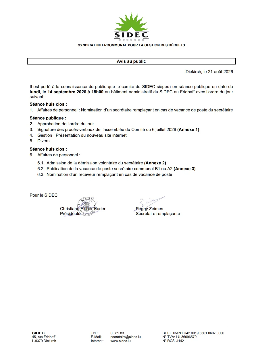 Avis au public - Convocation SIDEC 14.09.2026