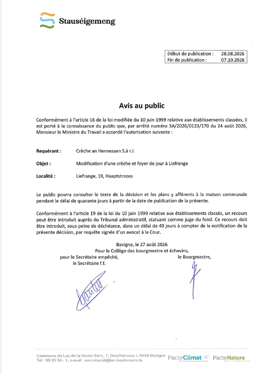 Avis au public - Dossier 3A/2026/0133/170 du 24 août 2026