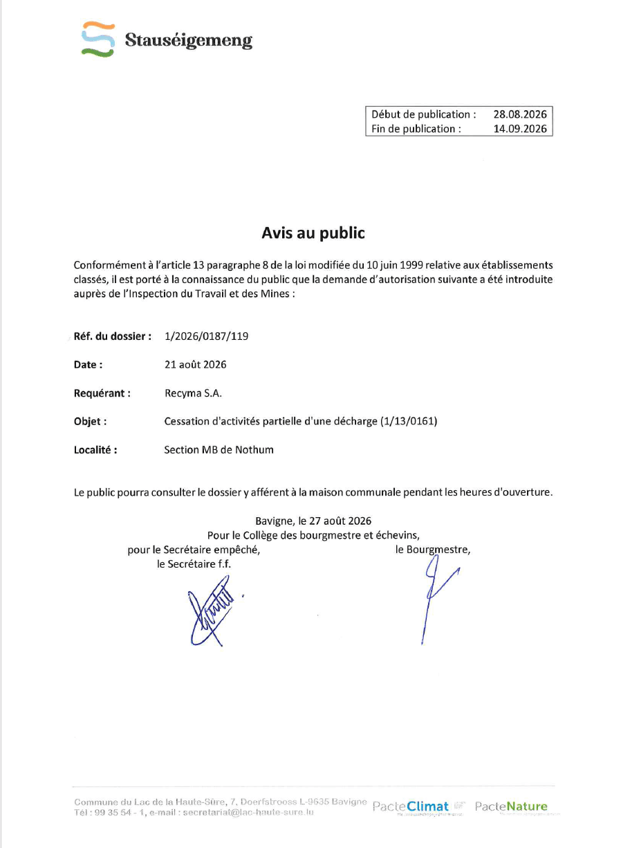 Avis au public - Dossier 1/2026/0187/119 du 21 août 2026