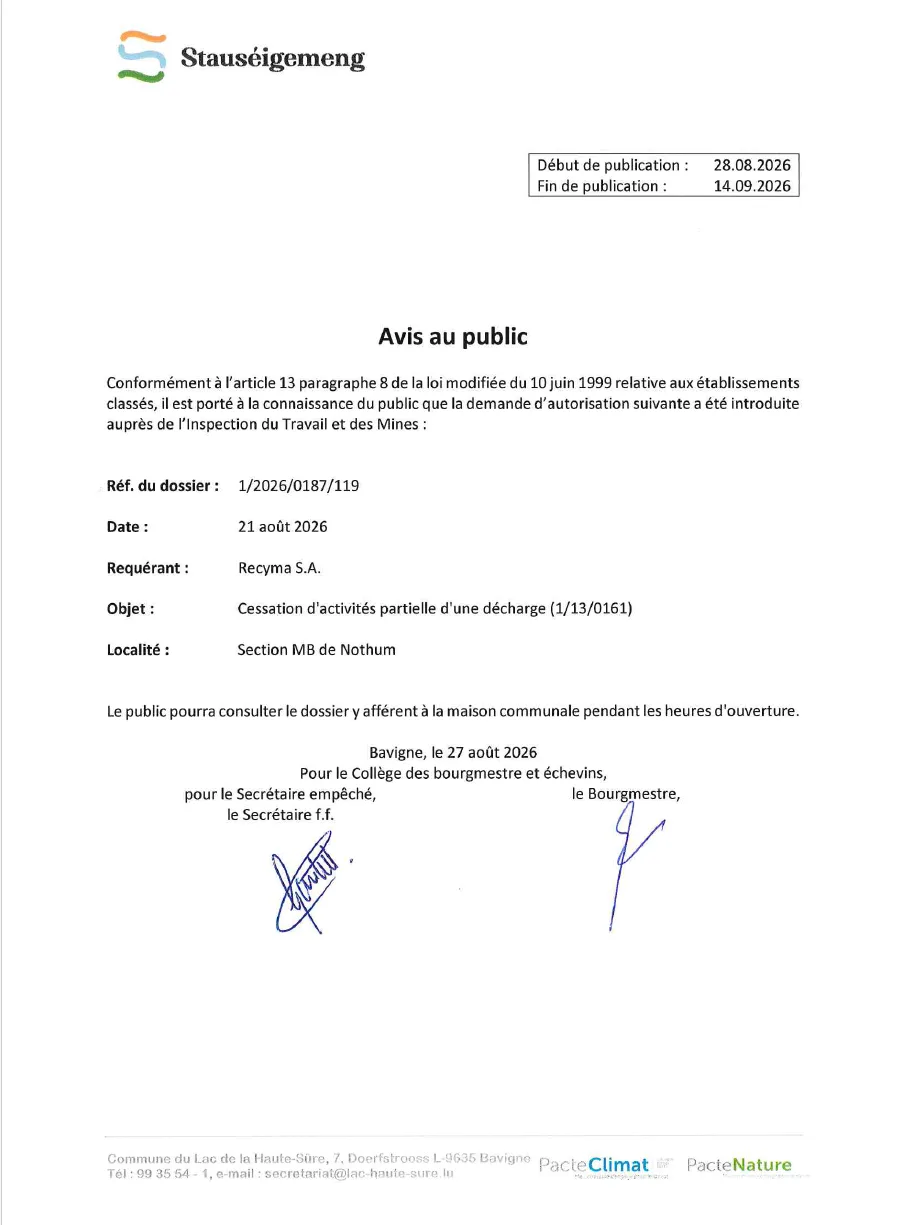Avis au public - Dossier 1/2026/0187/119 du 21 août 2026
