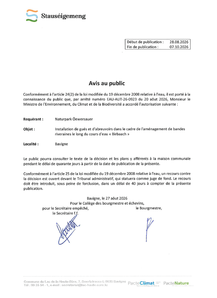 Avis au public - Arrêté EAU-AUT-26-0923 du 20 août 2026