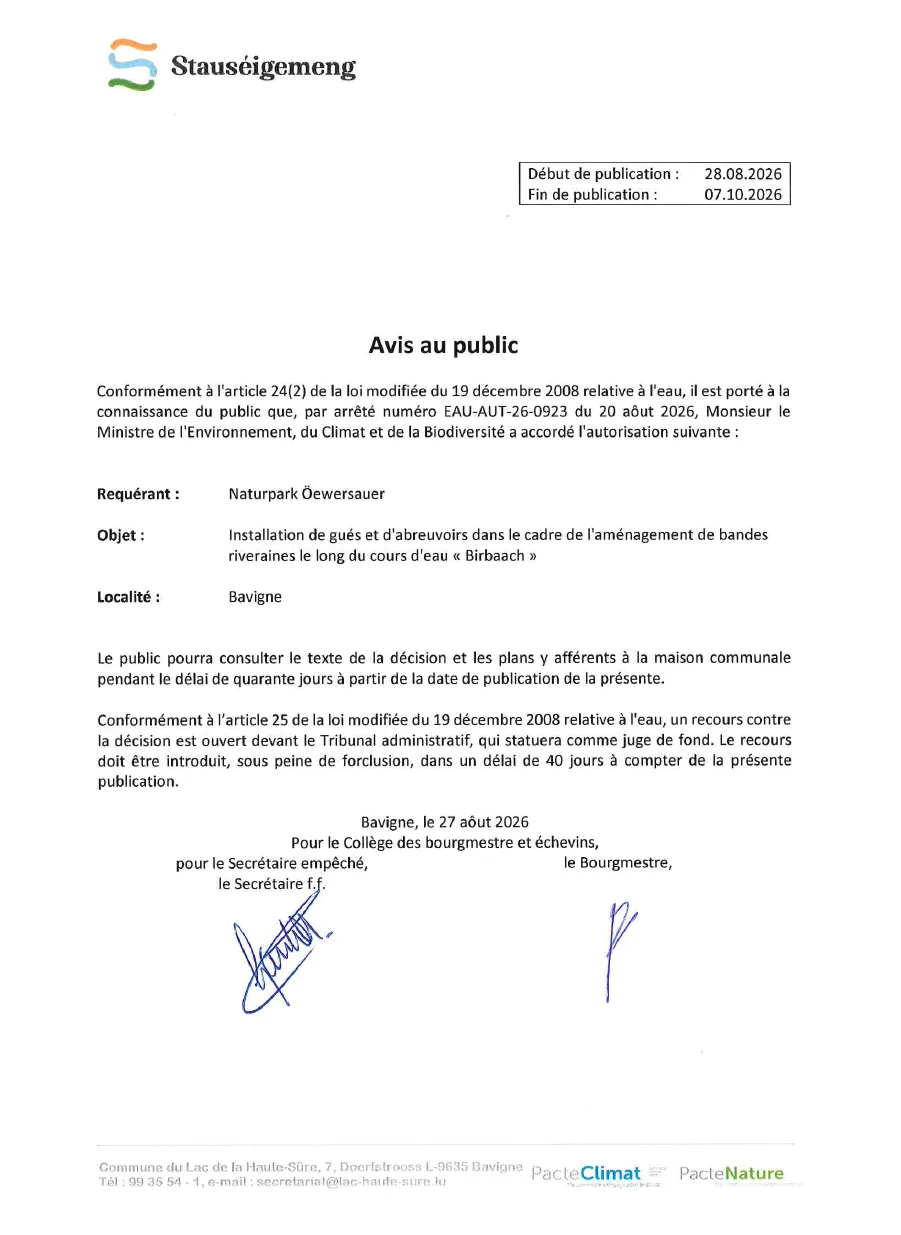 Avis au public - Arrêté EAU-AUT-26-0923 du 20 août 2026