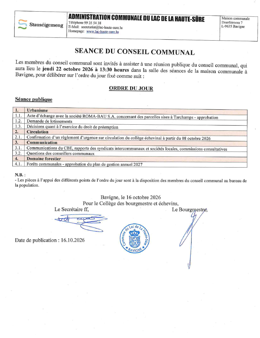 Convocation - Conseil communal 22 octobre 2026