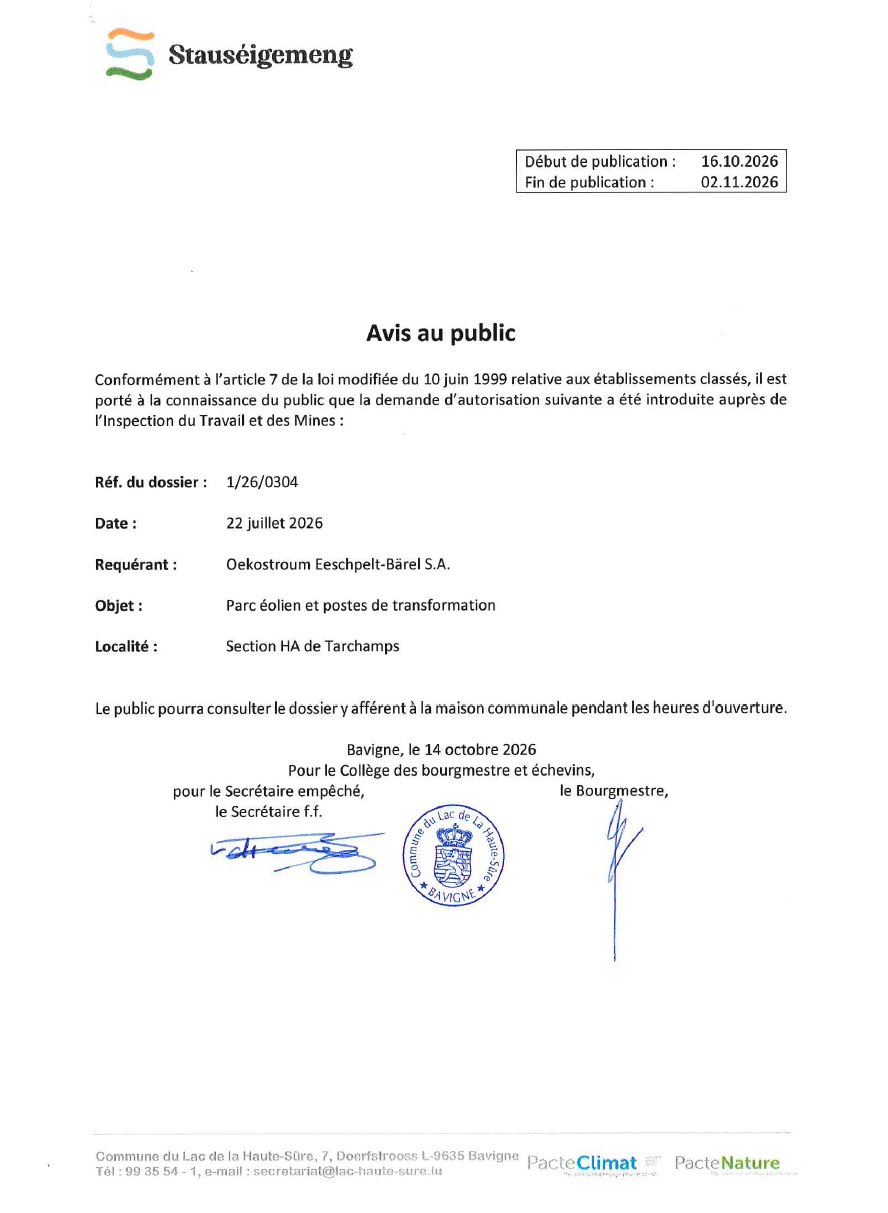Avis au public - Réf. du dossier 1/26/0304
